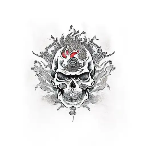 Right Side Japanese Style Skull With Fire