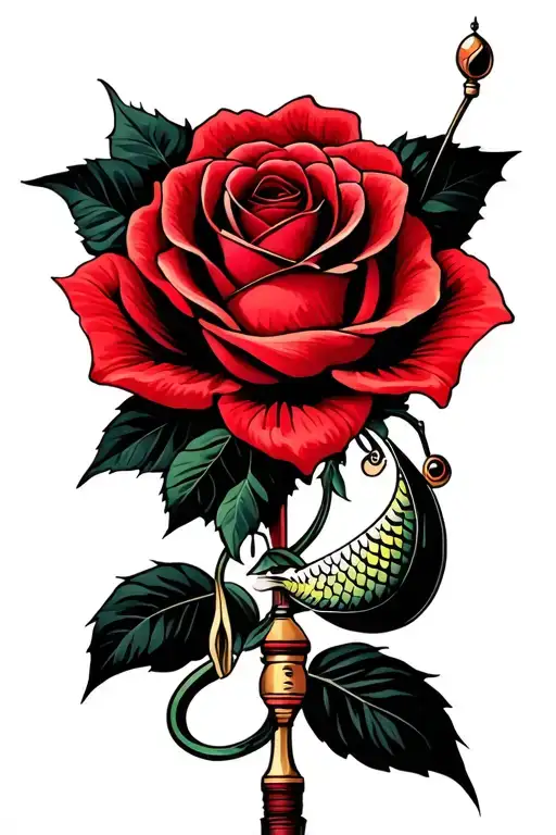 Fishing Pole With A Red Rose Wrapped Around It