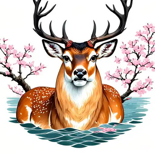 Miyajima Floating Shrine With Sika Deer And Cherry Blossoms