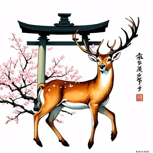 Floating Shrine With Sika Deer And Cherry Blossoms