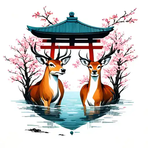 Floating Shrine With Sika Deer Male And Female And Cherry Blossoms