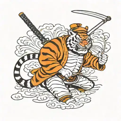A Shogun With Mask And Hat And A Katana In His Hand Attacking A Tigger
