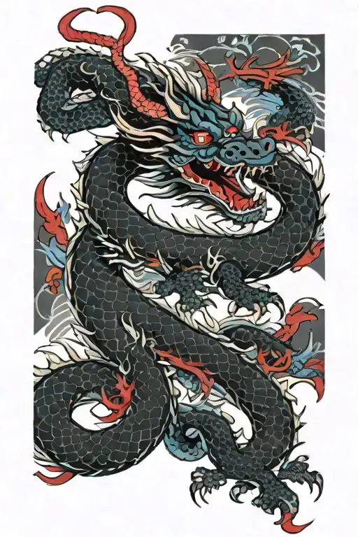 Black Dragon With Red And Blue Details