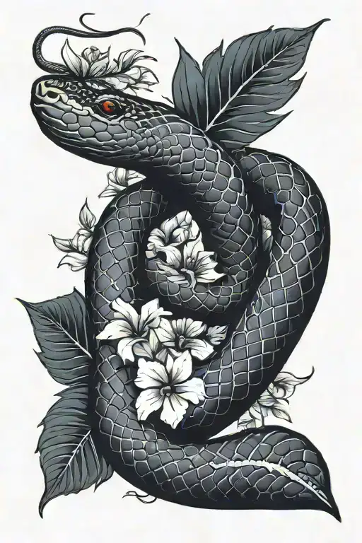 Black Mamba Snake Coiled In-between Hibiscus Leaves