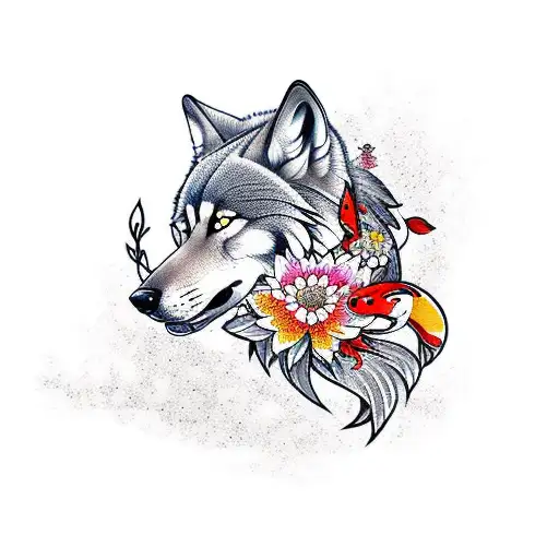 Wolf With Koi Fishes And Flowers