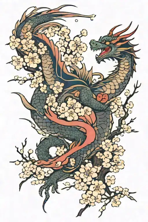 A Dragon Flying Over A Japanese Cherry Blossom Forest