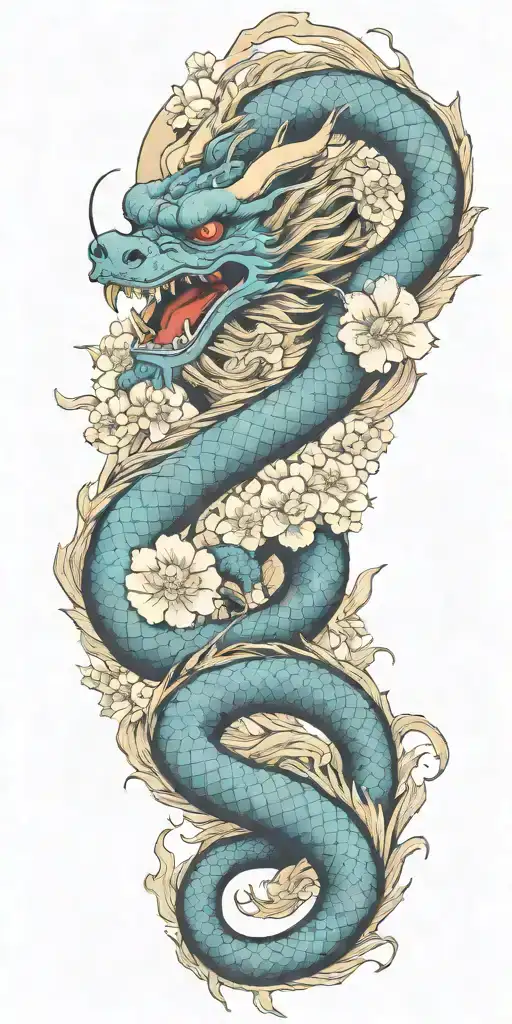 A Japanese Dragon Wapping Arm And Biting Neck Outline With Sun