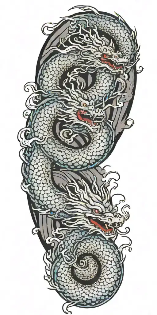 Japanese Dragon Faying In A Spiral Towards The Sky With Clouds