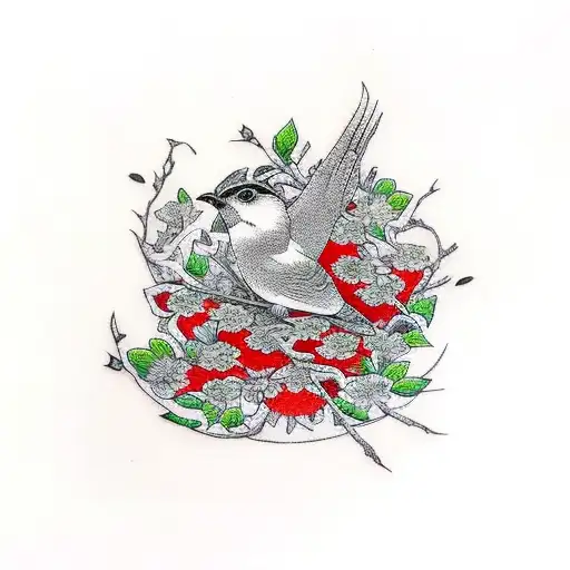 Little Bird With Red Flowers
