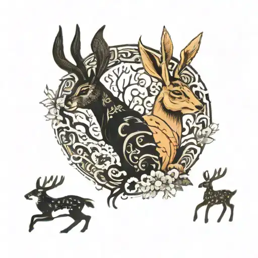 Rabbit And Deer Together Looking Up