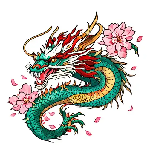 Samurai And Dragon With Sakura Petals