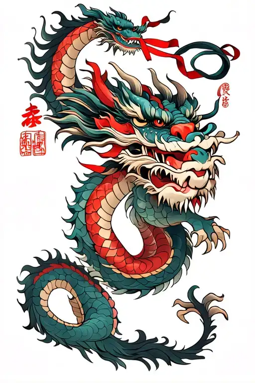 Chinese Dragon With Lucky Red Ribbon Intertwined