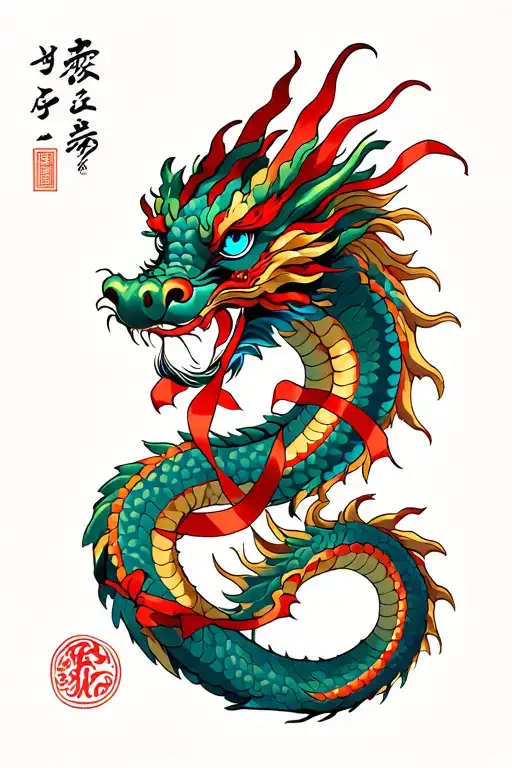 Chinese Dragon With Lucky Red Ribbon Intertwined With Turkish Blue Eye