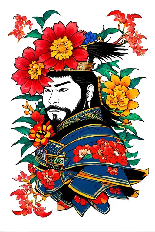 Samurai With Flowers Colorful