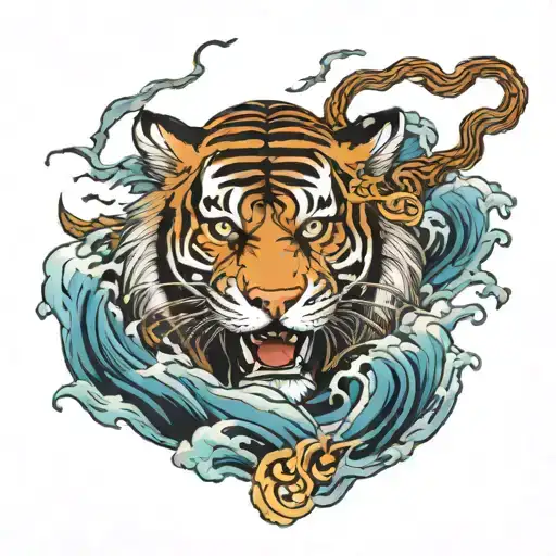 Mythological Lightning Tiger With Lightning Around Japanese Waves