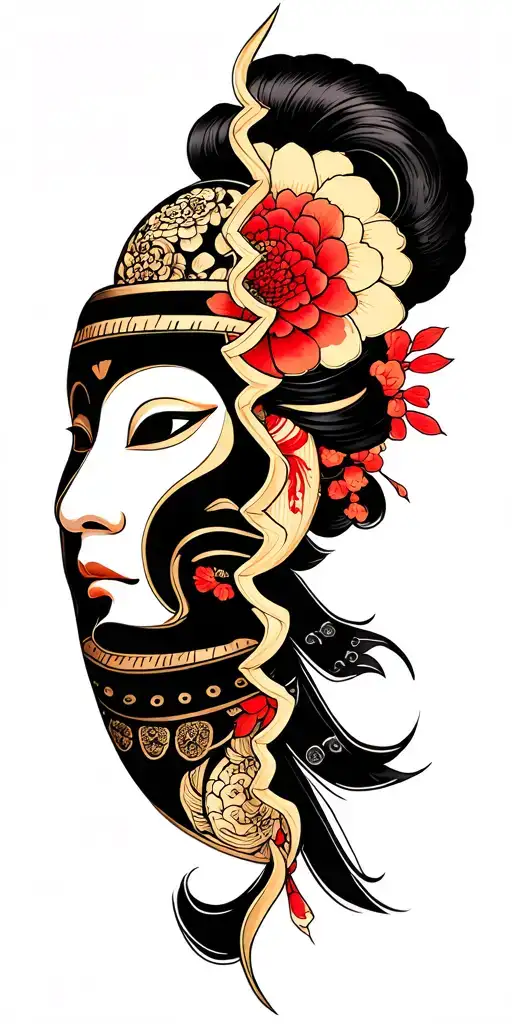 Samurai Mask Split In Half And Geisha