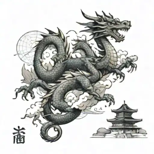 A Sketch Of A Dragon Flying Over Various Landmarks Around The World