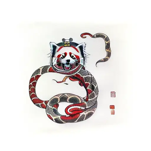 Red Panda Dressed As A Samurai Riding A Snake