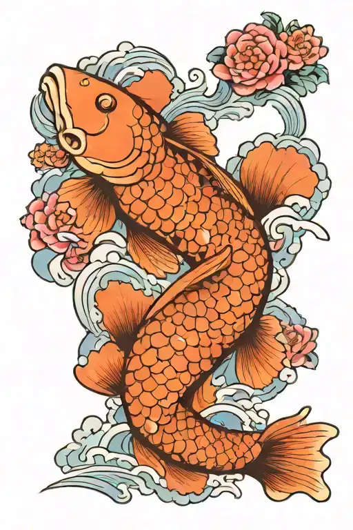 Koi Fish With Flowers And Clouds Surrounding