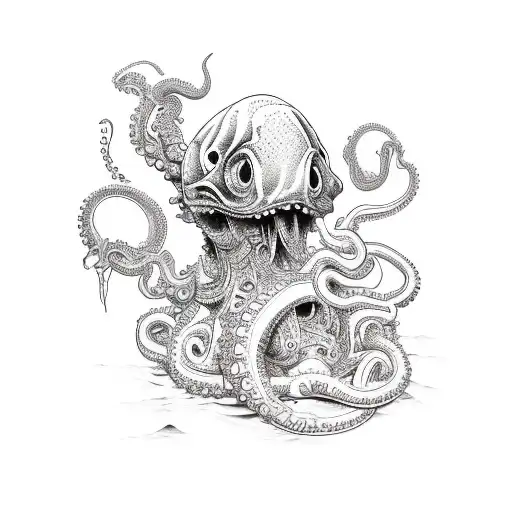 Red Tatto With An Octopus Eating An Tanker Ship