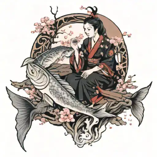 Izanami And Izanagi On Earth And The Underworld With Cherry Blossoms And Some Fish