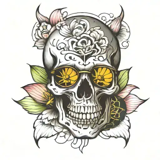 An Skull With Round Glasses Surround With Lotus Flowers
