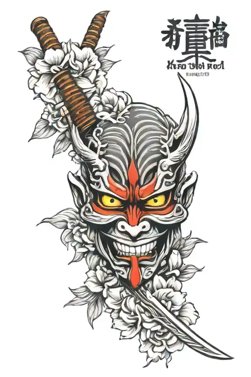 Oni Mask With Katana With Tulip Flower Blooming