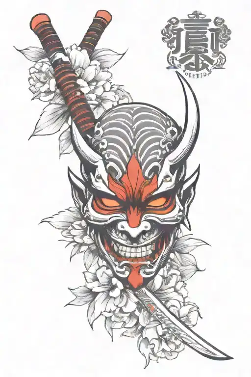 Oni Mask With Katana With Tulip Flower Blooming Flowers