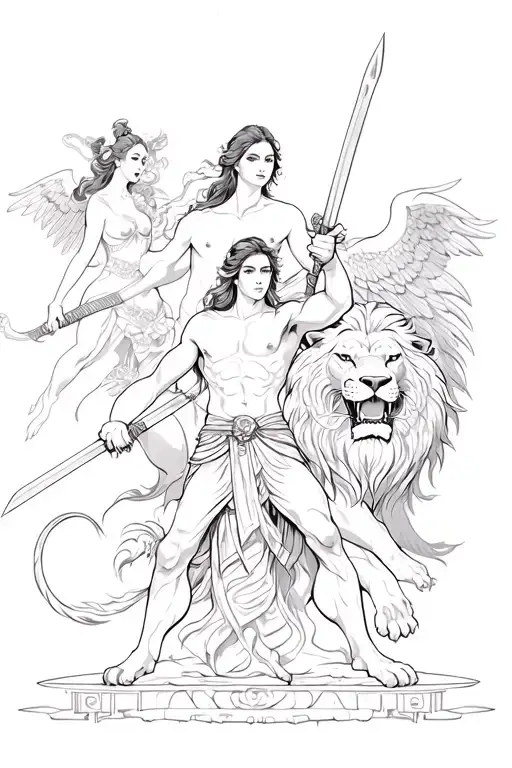 Samson With Sword And Lion Battle With Angel And Devil Women In Background