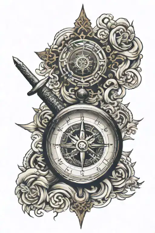 A Thick Sword Piercing Through A Compass