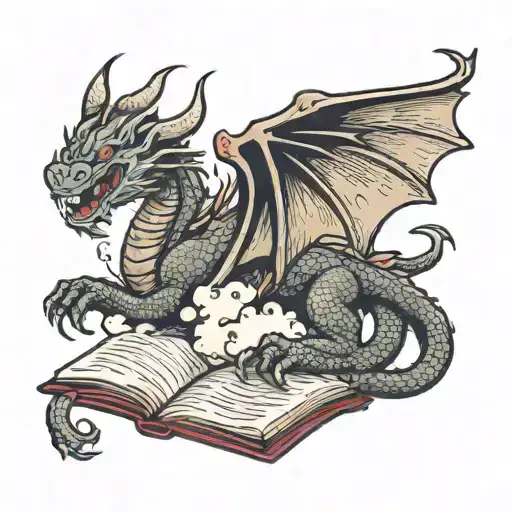 Old School Dragon Flying Out Of A Book Open In Front
