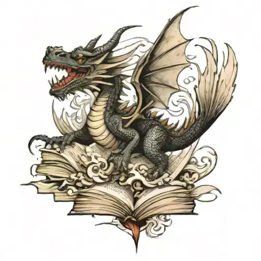 Old School Dragon Flying Out Of A Book Pages Turning Into Birds