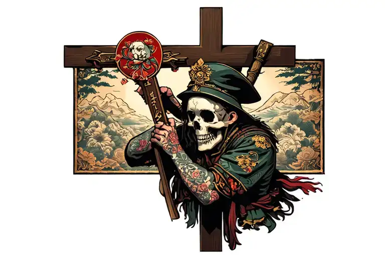 Crucifix Behind A Skull Faced Soldier Playing