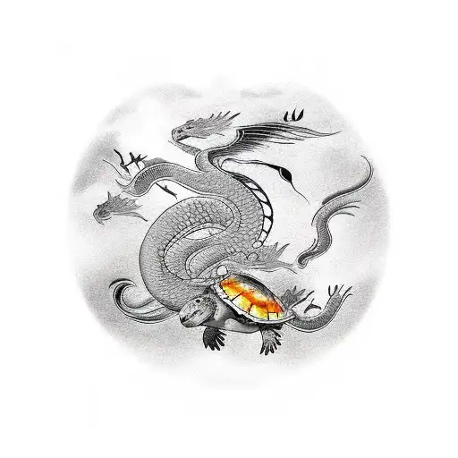 Golden Dragon With Swallow Birds And A Sea Turtle
