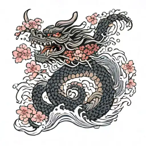 A Traditional Japanese Dragon Coiled Around A Cherry Blossom Tree With Waves Crashing Below