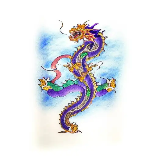 Japanese Dragon With A Purple And Blue Belly Wrapped Around A Broken Sword