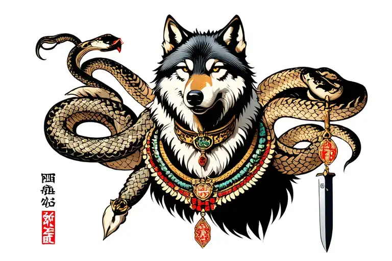 A Wolf Wearing A Necklace With A Knifer Hangning Of It And A Snake In The Backfround