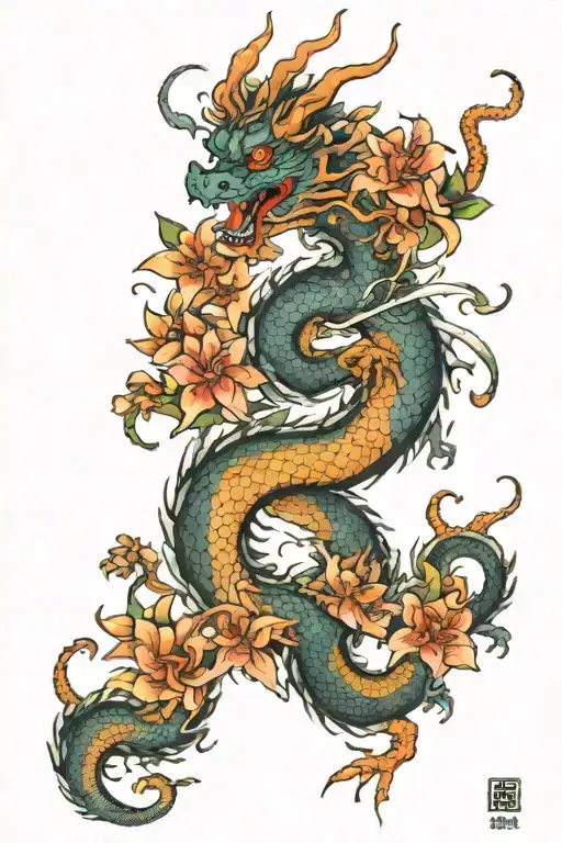 Dragon Avec Lycoris Radiata Flowers