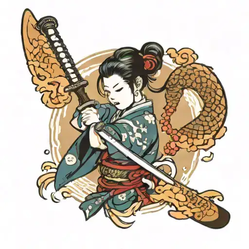 Japanese Woman Holding A Katana Swords Drawn
