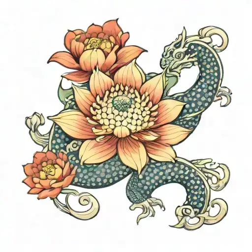 A Dragon Wrapped Around A Lotus Flower Blooming Flowers