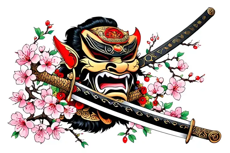 Japanese Oni Mask With A Samurai Sword And Cherry Blossoms