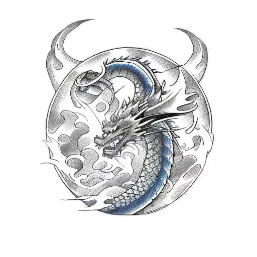 Dragon With Flames And Waves