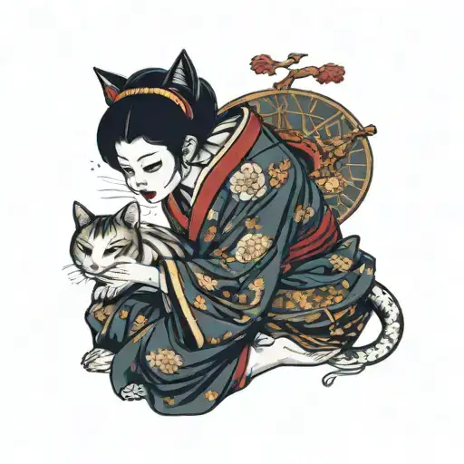 Evil Geisha Holding A Cat Sitting Sad Tattoo