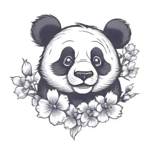 Kawaii Panda Head Silhouette Tattoo With Cherry Blossom