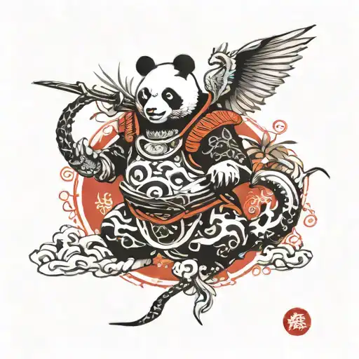 Panda Samurai And Dragon With Wings