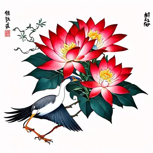 Red Lotus In Bloom With Other Flowers And A Heron