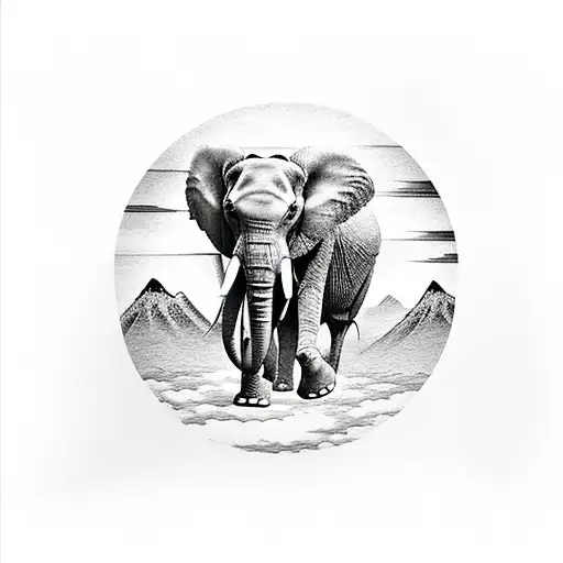 Elephant Walking Forward With Mountains In Background