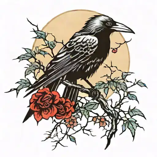 Moonlight Shining On A Crow Perched On Vine With Thorns