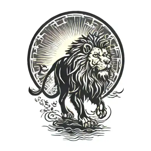 Lion Silhouette Walking Along Horizon In The Background With Sun In Sky