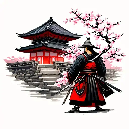 Samurai In Front Of Temple Surrounded By Cherry Blossoms